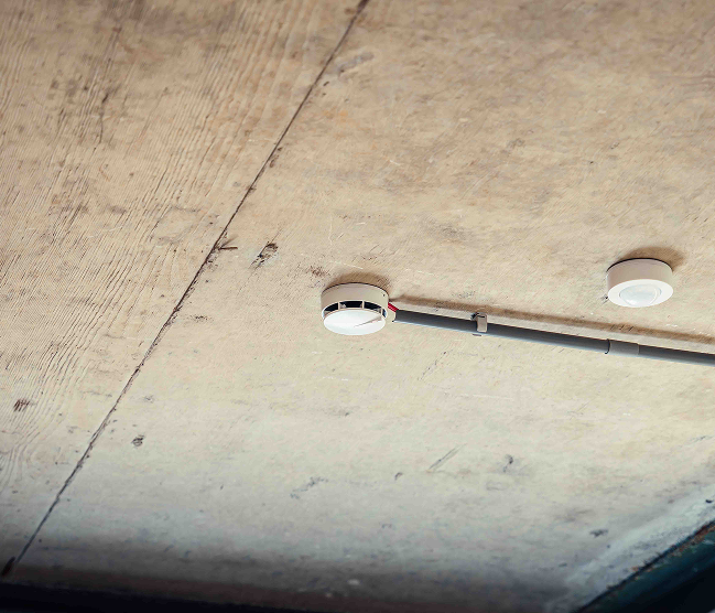 Professionele installatie van een rookmelder en een bewegingsmelder op een betonnen gewelf door Kristof Devalckenaere, vakkundig afgewerkt met industriële bekabeling voor optimale brandbeveiliging en detectie.
