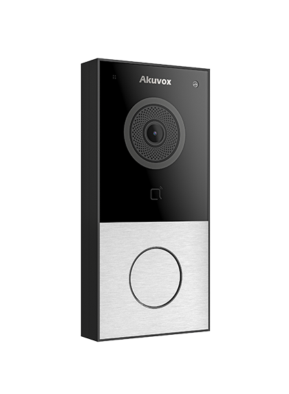 Productfoto van een moderne Akuvox video intercom buitenpost met ingebouwde camera en RFID-lezer voor veilige toegangscontrole, vakkundig geïnstalleerd door Kristof Devalckenaere.