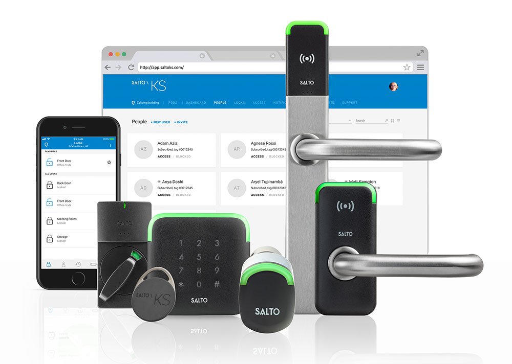 Overzicht van het Salto KS Keys as a Service systeem inclusief cloud-beheer interface, mobiele app, slimme deurbeslagen en wandlezers voor modern toegangsbeheer door Kristof Devalckenaere.
