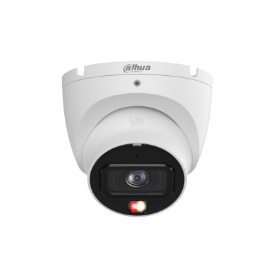 Productfoto van een witte Dahua TiOC turret beveiligingscamera met actieve afschrikking (rood-blauw licht) en full-color nachtzicht voor professionele camerabewaking, geïnstalleerd door Kristof Devalckenaere.
