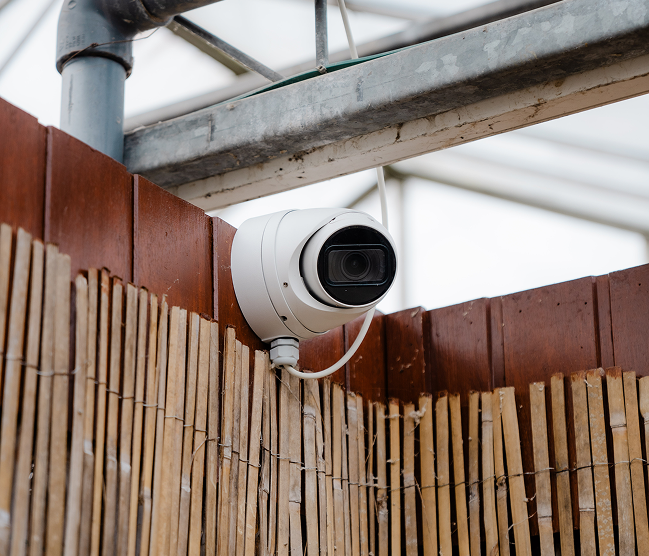 Een professionele foto van een witte bullet-stijl beveiligingscamera, gemonteerd op een donkere houten gevel boven een bamboe hek. Deze hoogwaardige installatie door Kristof Devalckenaere toont de nette afwerking en strategische plaatsing.