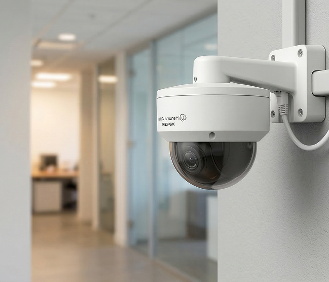 Witte Hanwha Vision IP-camera gemonteerd op een muursteun in een moderne kantooromgeving voor high-end camerabewaking door Kristof Devalckenaere.